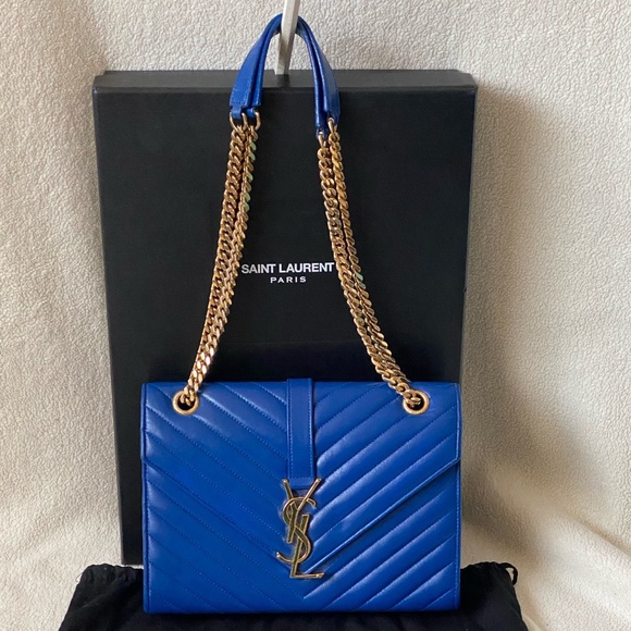 YSL Saint Laurent Chevron Monogram Matelassé Envelope Medium Bag Purse - Blue - Picture 1 of 9